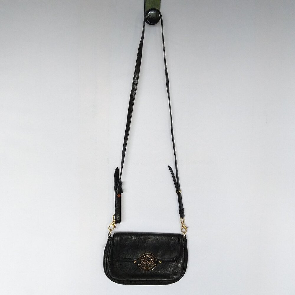 Tory Burch Black Mini Amanda Crossbody Purse Pebble Leather LOGO